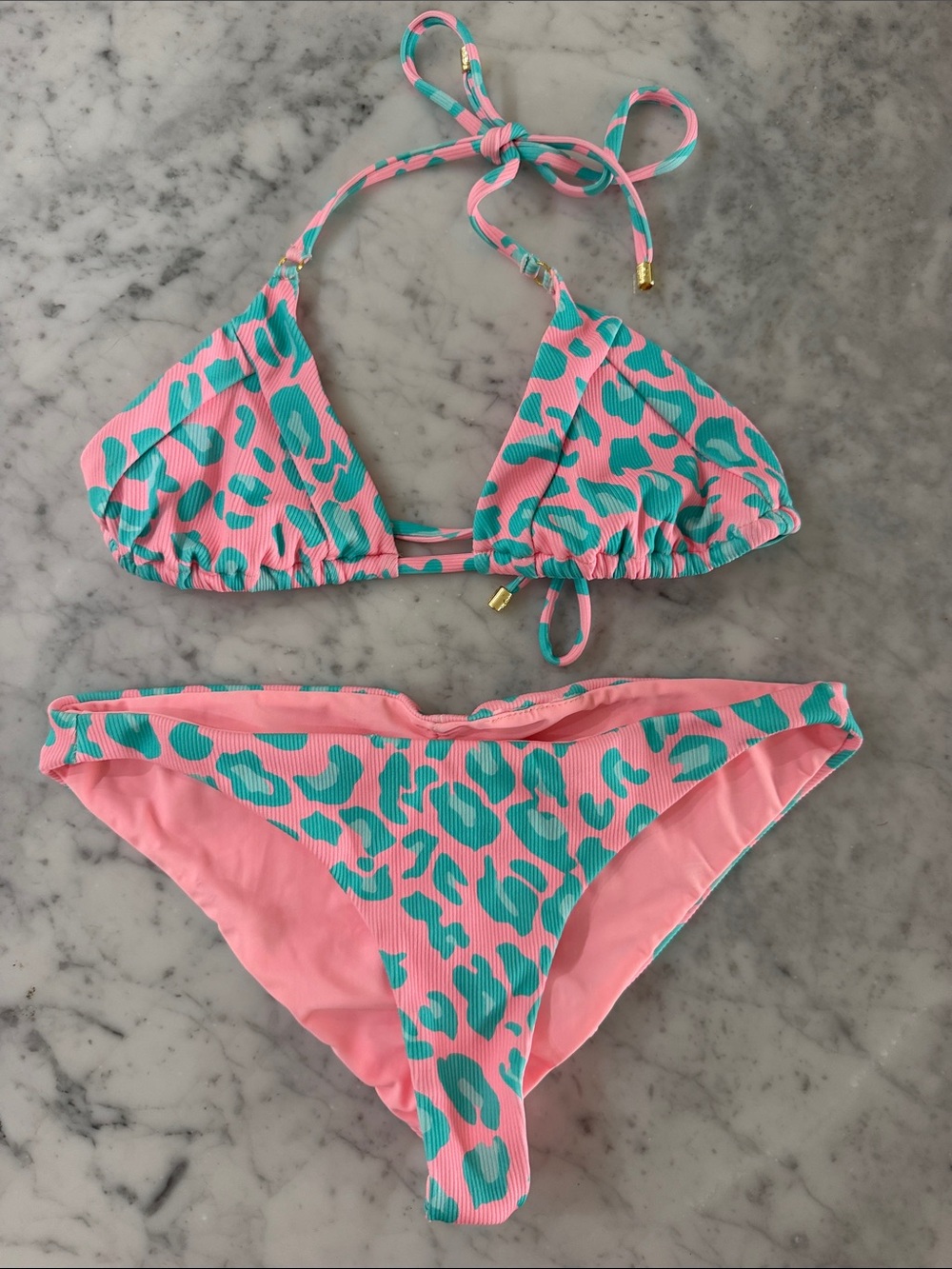 Beach Bunny Pink and Teal Animal Print Triangle Bikini